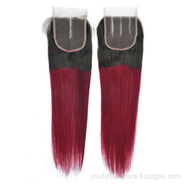 Wholesale Ombre 1B/Burg 27 30 99J Virgin Human Hair Closures 4x4 5x5 6x6 7x7 Colored Straight Wave 4*4 Transparent Lace Closure